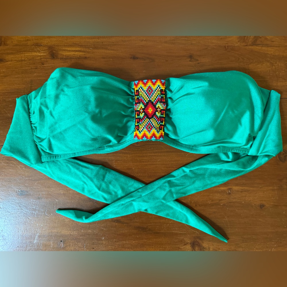 Pilyq Teal Bandeau Bikini Top with Multicolor Beaded Accent